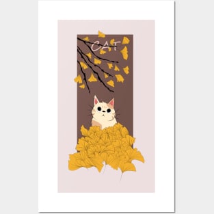 Cats and Piles of Ginkgo Leaves Posters and Art